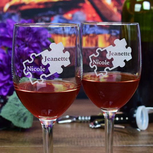Custom Engraved Couples Puzzle Piece Glasses - Set of Two (Stemless Wine)