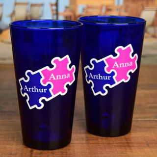 Printed Puzzle Blue Pint Glasses (Set of 2)